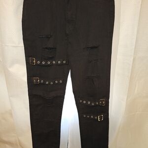 Black Distressed Buckle Detail Skinny Jeans